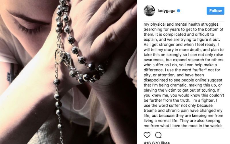 Lady Gaga Posts Photo of Herself Praying Rosary with Explanation for Tour Cancelation